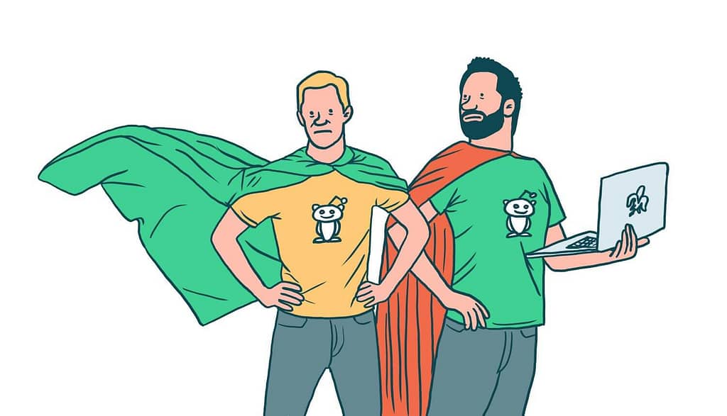 Illustrated portrait of Steve Huffman and Alexis Ohanian as superheroes